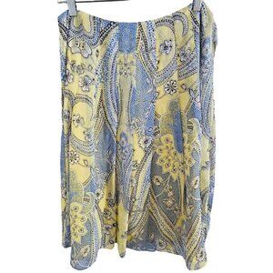 AK Anne Klein Woman Size 8 Silk Skirt Floral Paisley Yellow & Blue Lined Pleats